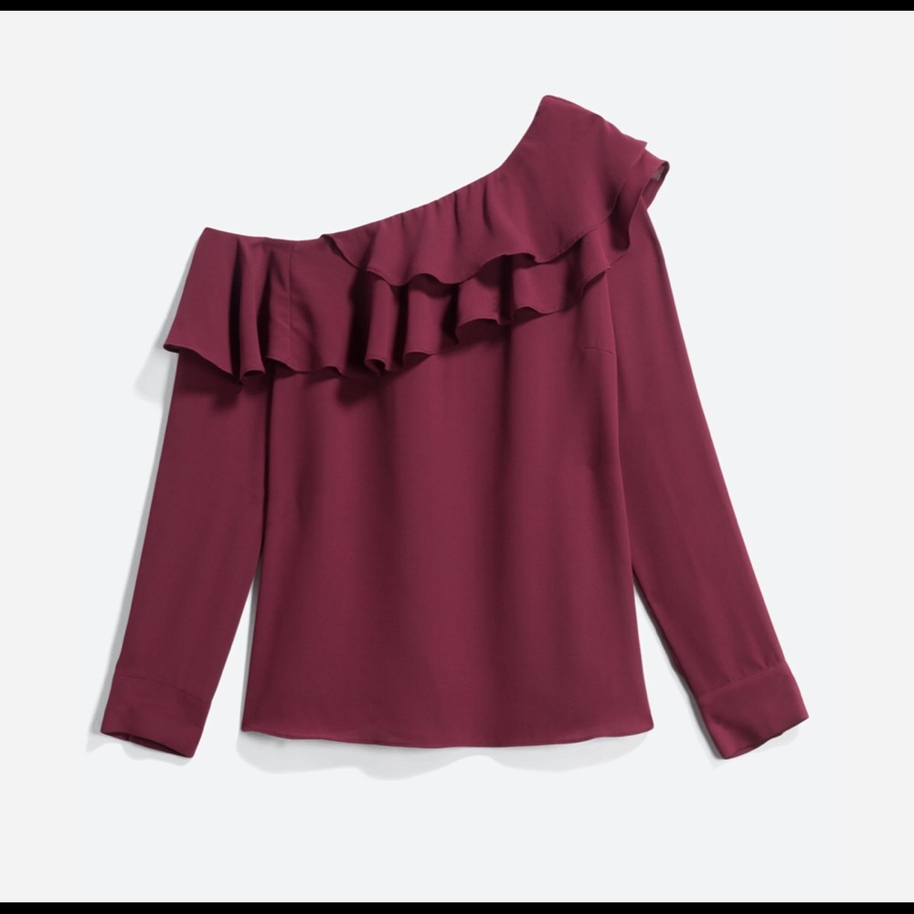Burgundy one shoulder blouse with ruffle detail